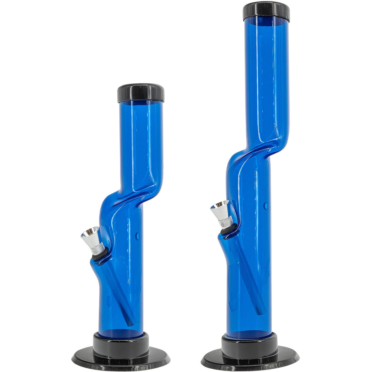 JM Plastics Acrylic Kink Neck Bongs in Blue, 9" and 12" Sizes, Side View on White Background