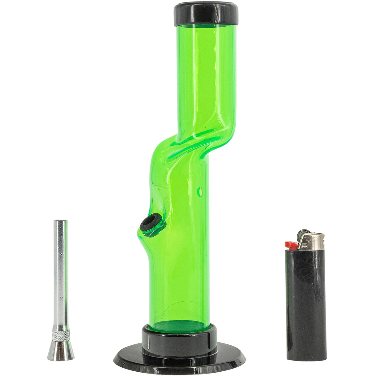 JM Plastics Acrylic Kink Neck Bong in Vibrant Green with Removable Bowl and Lighter - Front View