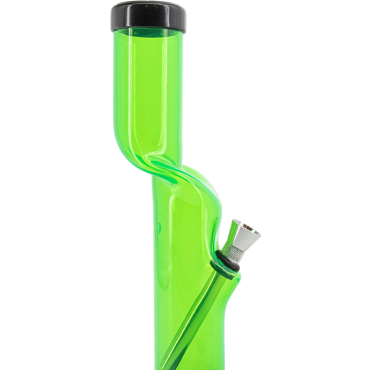 JM Plastics 9-12" Acrylic Kink Neck Bong in Vibrant Green - Side View with Metal Bowl