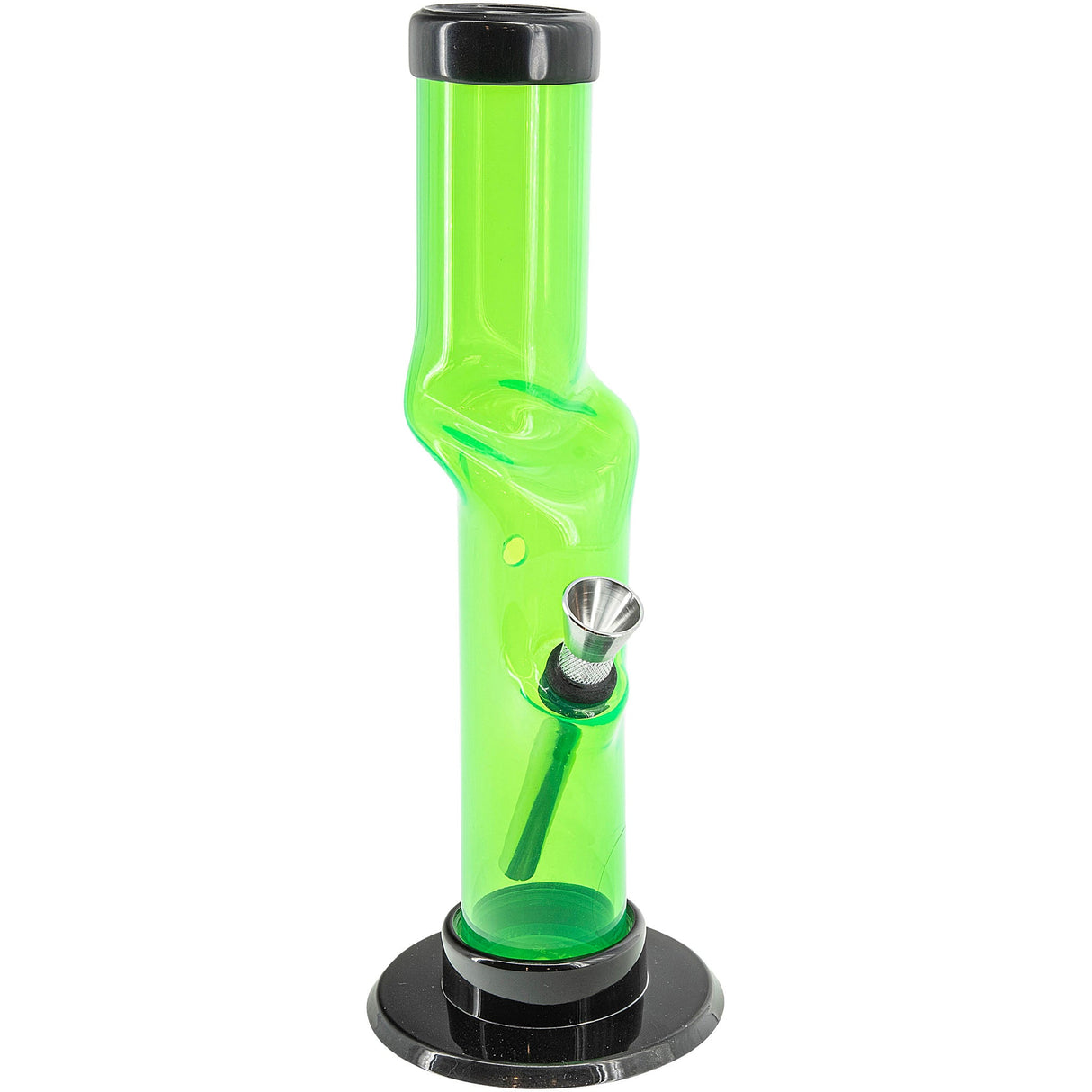 JM Plastics 9-12" Acrylic Kink Neck Bong in Vibrant Green - Front View with Deep Bowl