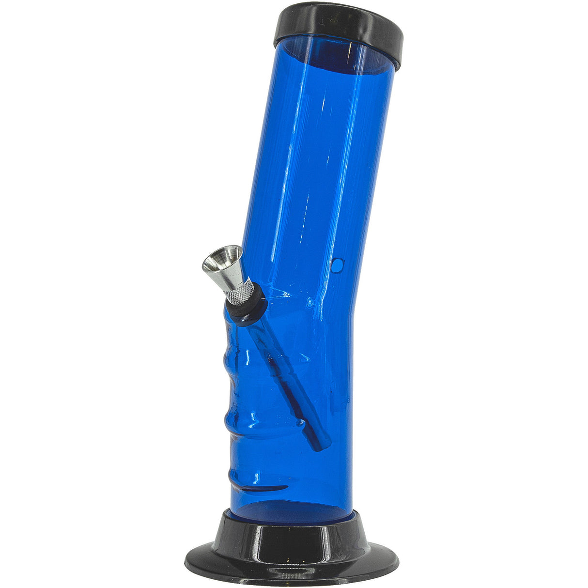 JM Plastics 9" Acrylic Bent Neck Bong in Blue with Black Base and Mouthpiece - Front View