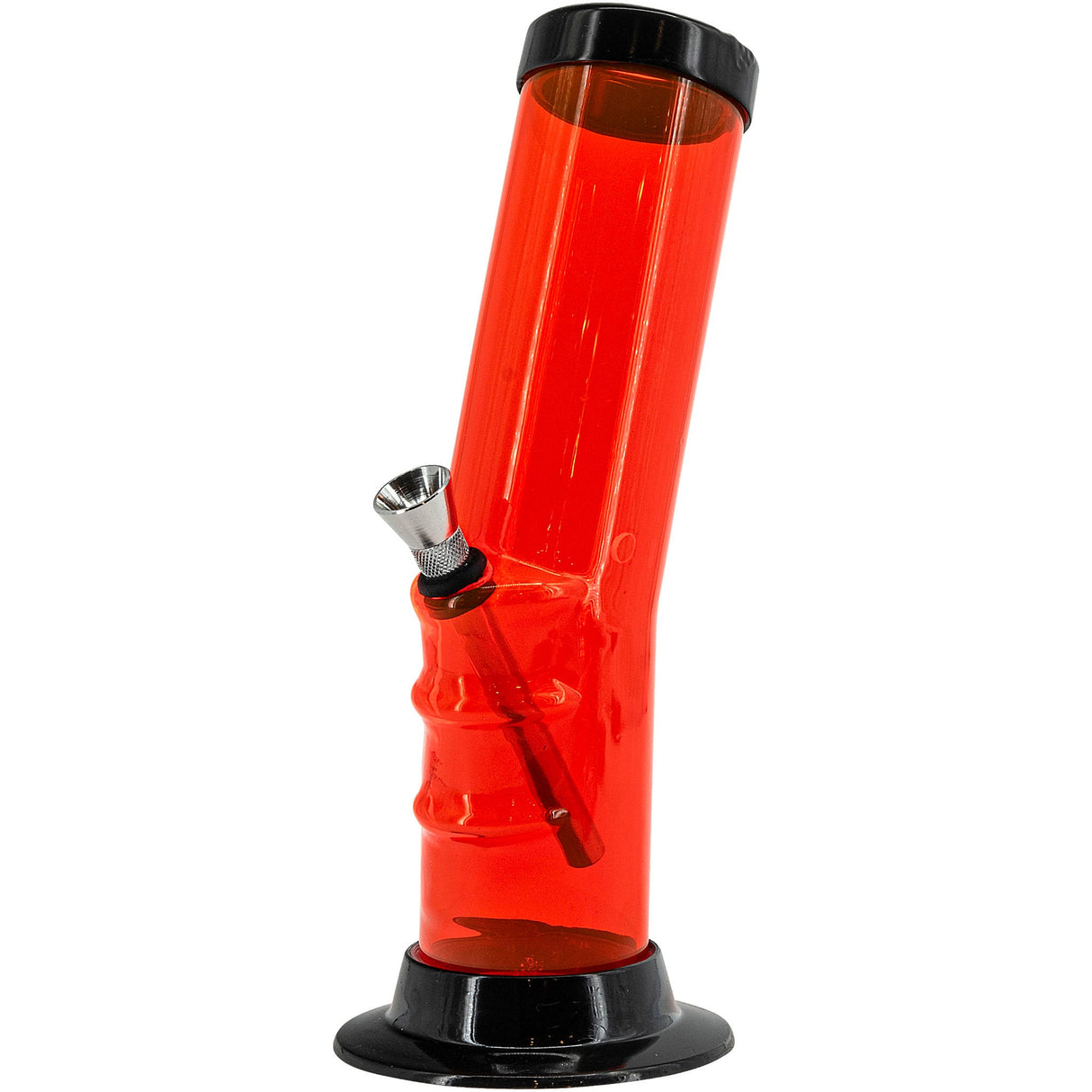 JM Plastics 9-12" Acrylic Bent Neck Bong in Vibrant Orange, Angled Side View with Metal Bowl