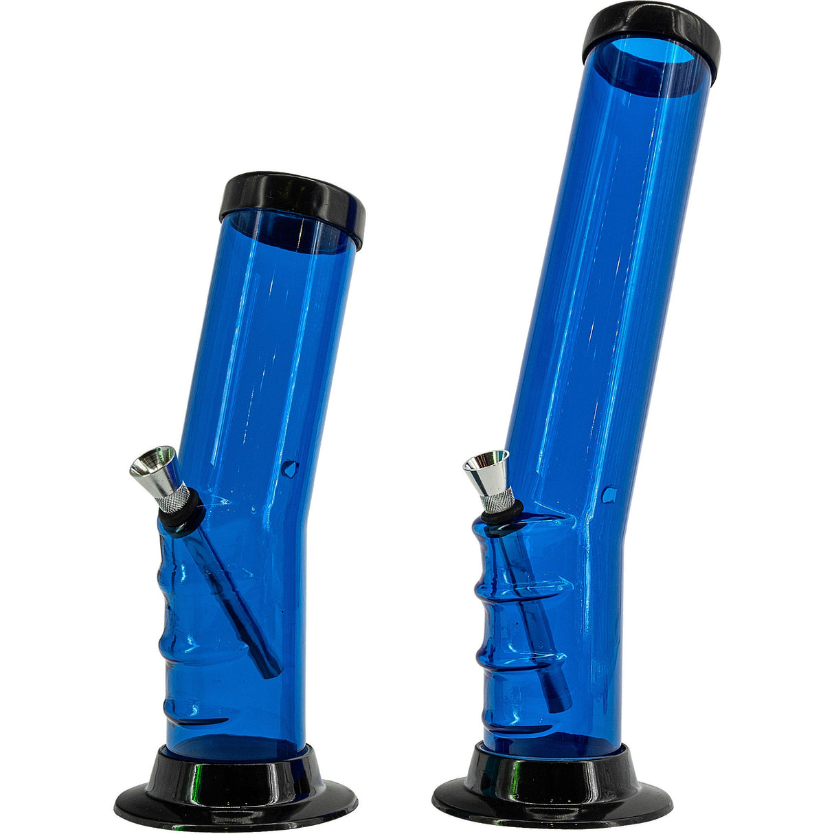 JM Plastics Acrylic Bent Neck Bongs in Blue, 9" and 12" Side View on White Background