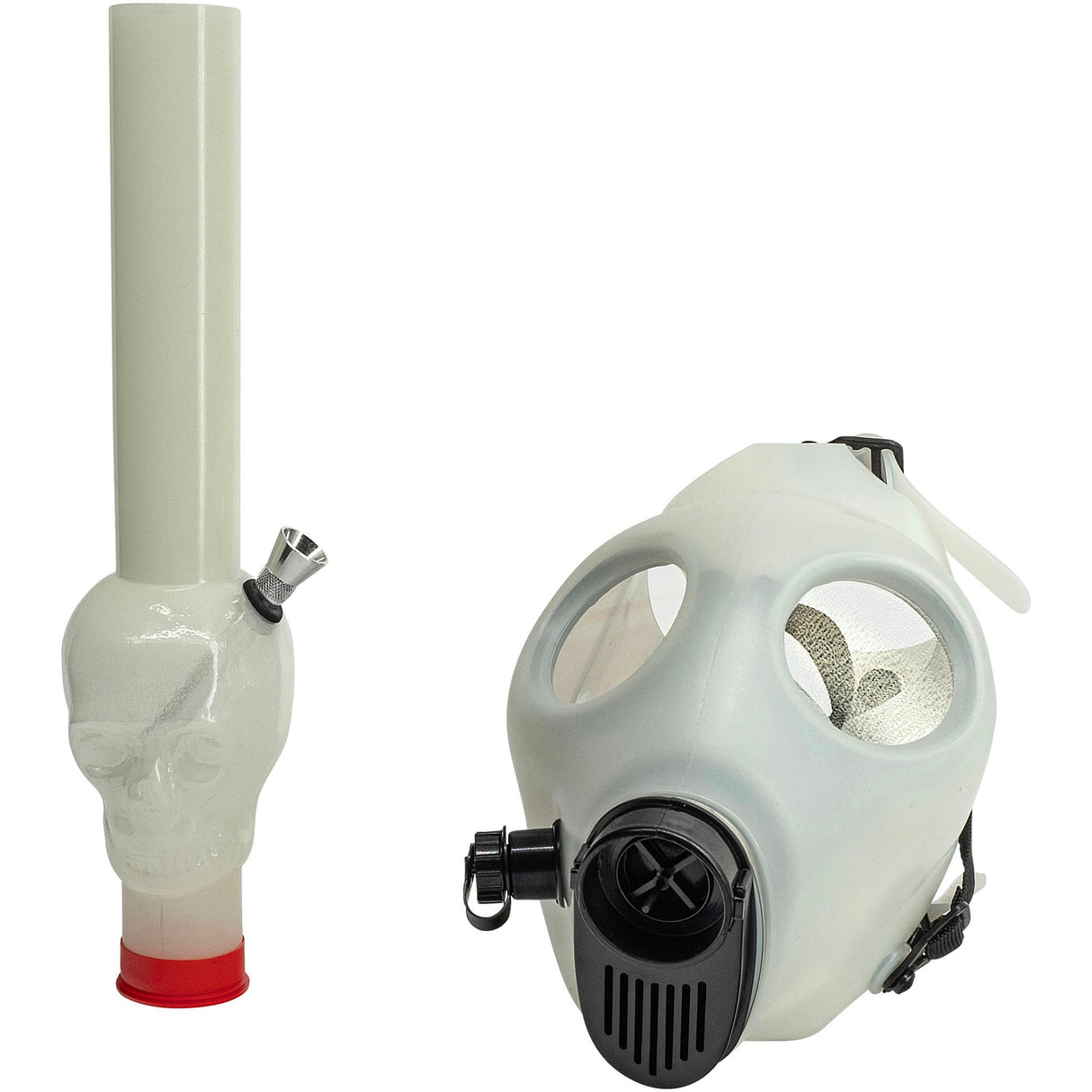 JM Plastics Glow in the Dark Skull Diffuser Gas Mask Bong for Dry Herbs, Front View