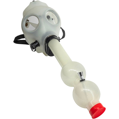 JM Enterprises acrylic gas mask bong, diagonal view with double bubble diffuser tube attached, unlit