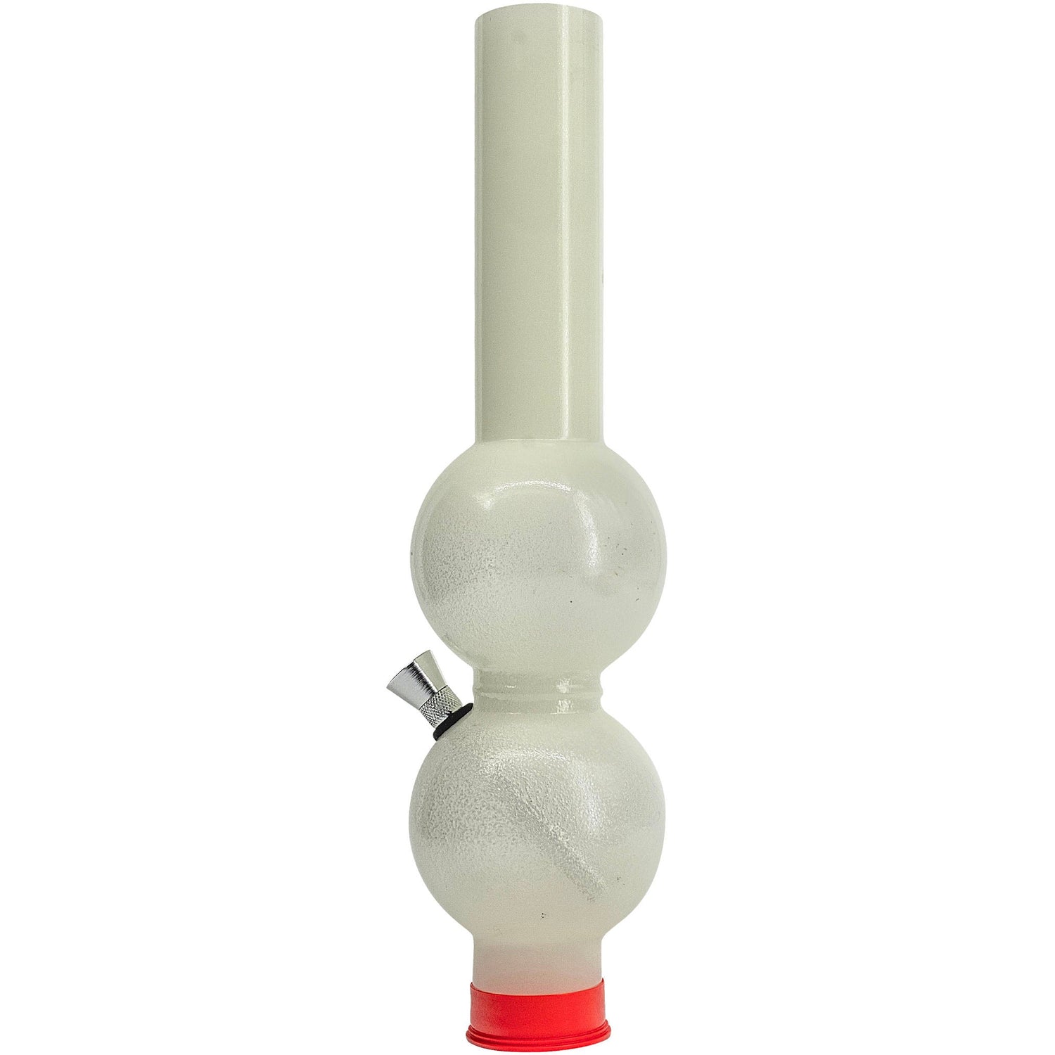 JM Enterprises acrylic double bubble diffuser tube, front view, unlit with metal bowl and red base cap
