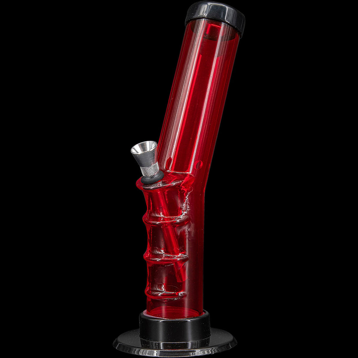 JM Plastics Acrylic Angled Straight Tube Bong in Red, 9-12" Tall - Front View on Black Background