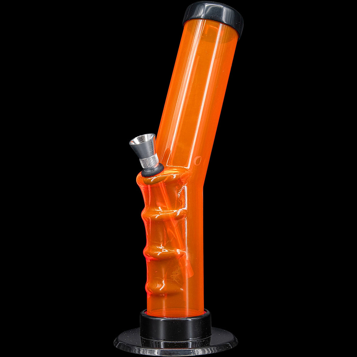 JM Plastics Angled Straight Tube Bong in Vibrant Orange, 9-12" Acrylic, Front View on Black