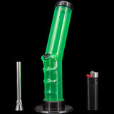 JM Plastics Acrylic Angled Straight Tube Bong in Vibrant Green with Metal Bowl and Lighter - Front View