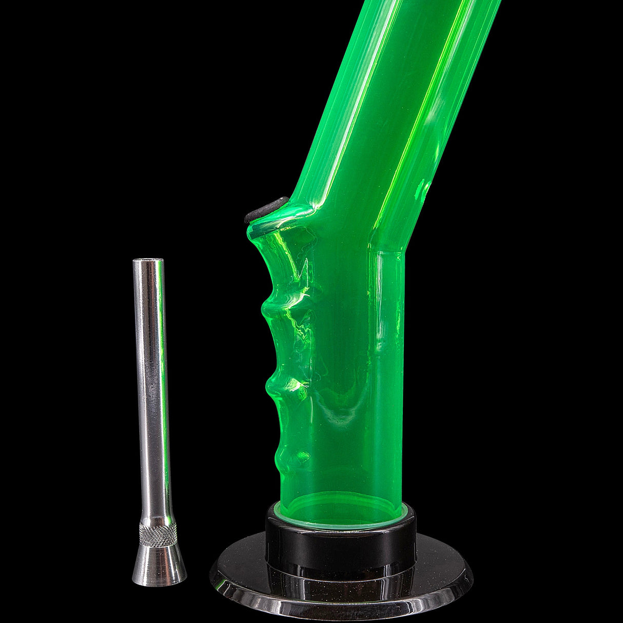 JM Plastics Angled Acrylic Straight Tube Bong in Vibrant Green with Metal Bowl - Side View