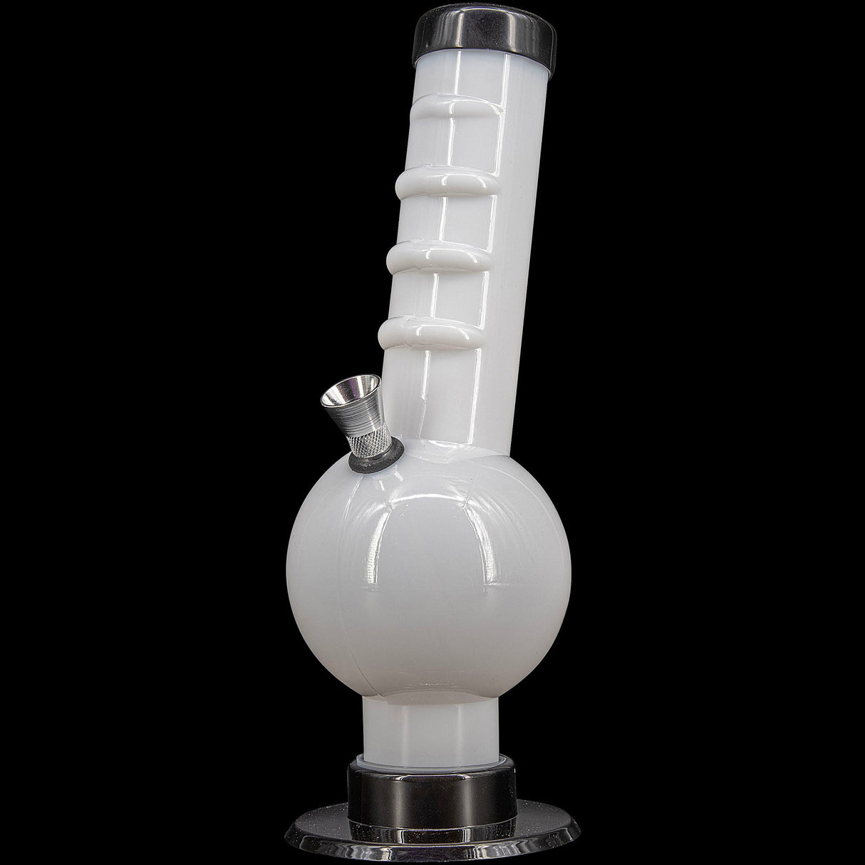 JM Plastics Acrylic Angled Neck Straight Tube Bubble Bong in White, Front View, Easy to Clean