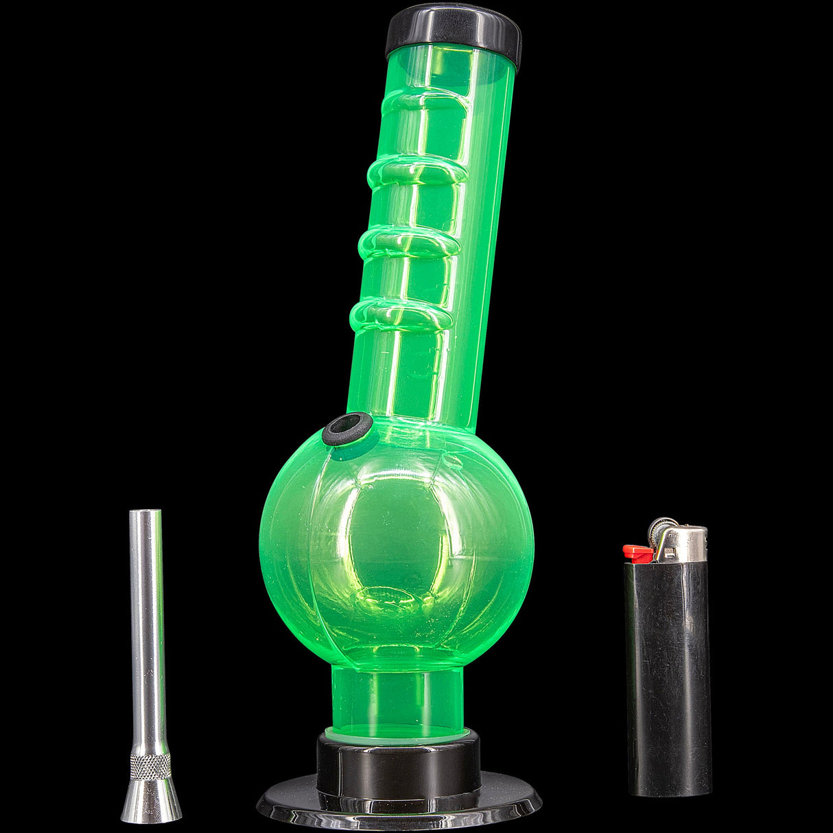 JM Plastics Acrylic Angled Neck Straight Tube Bubble Bong in Green with Lighter for Scale