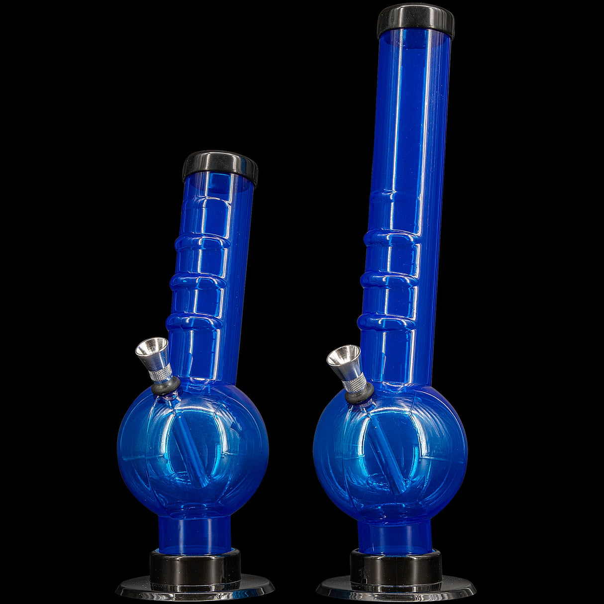 JM Plastics Acrylic Angled Neck Bongs in Blue, 9"-12" with Bubble Base, Front View