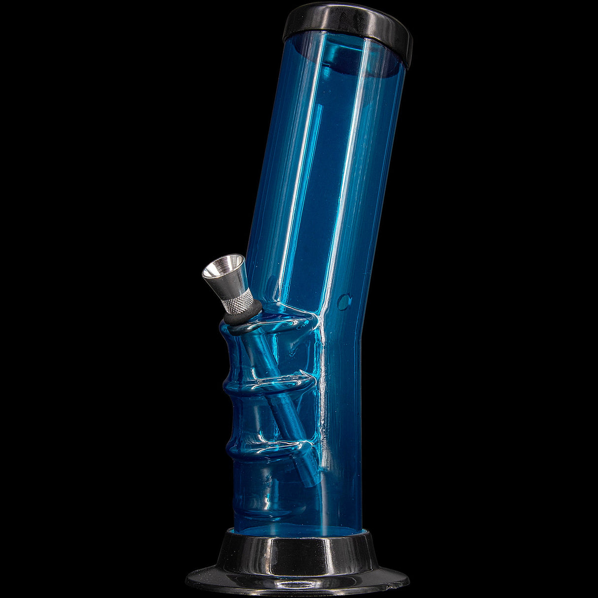 JM Plastics Acrylic Bent Neck Bong in Blue, 9-12" Tall - Side View on Dark Background