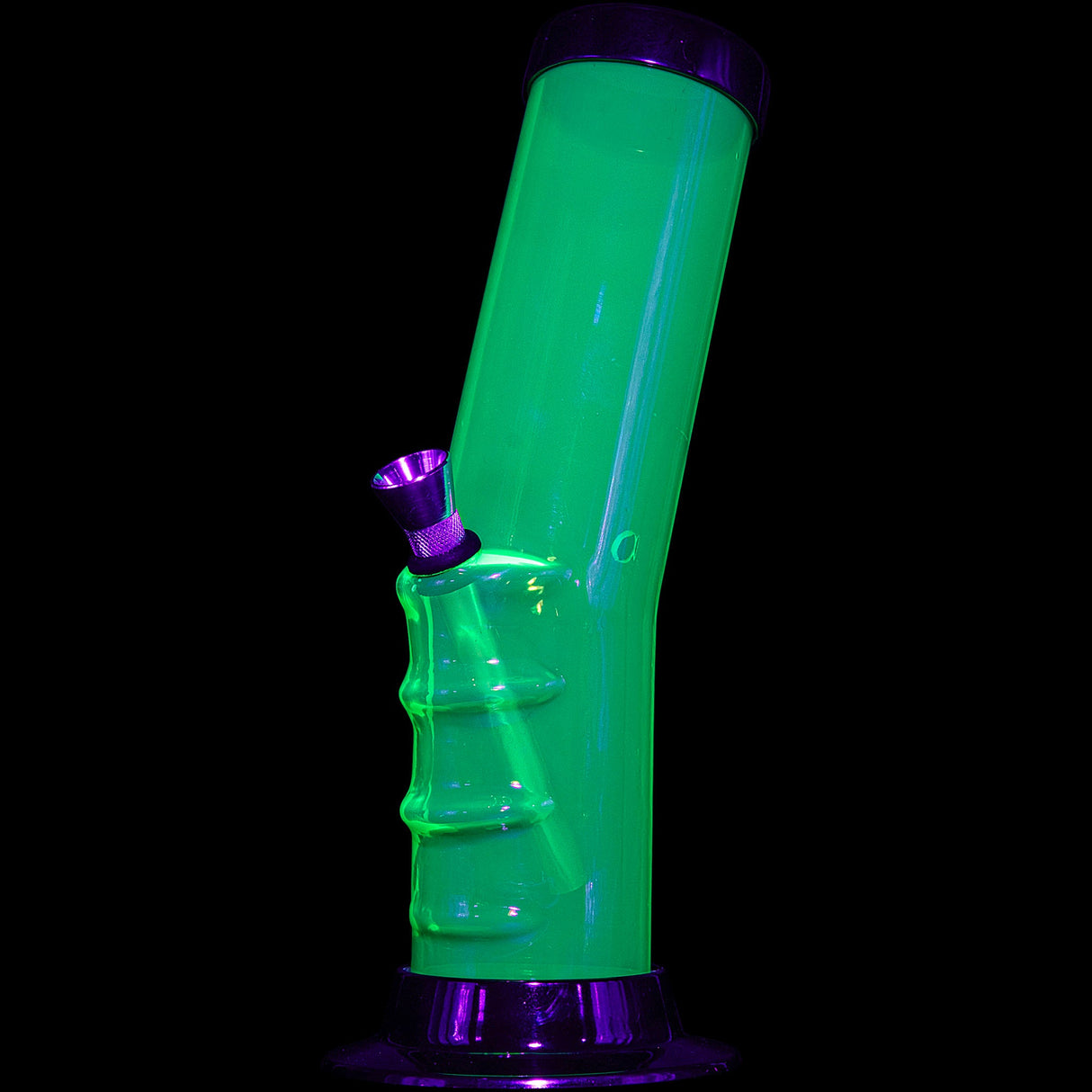 JM Plastics 9-12" Acrylic Bent Neck Bong in Neon Green, Front View on Black Background