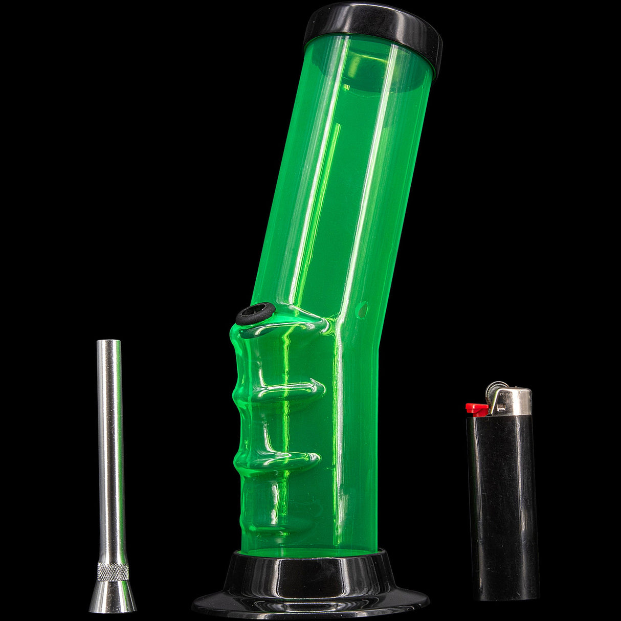 JM Plastics 9"-12" Acrylic Bent Neck Bong in Green with Bowl and Lighter - Front View