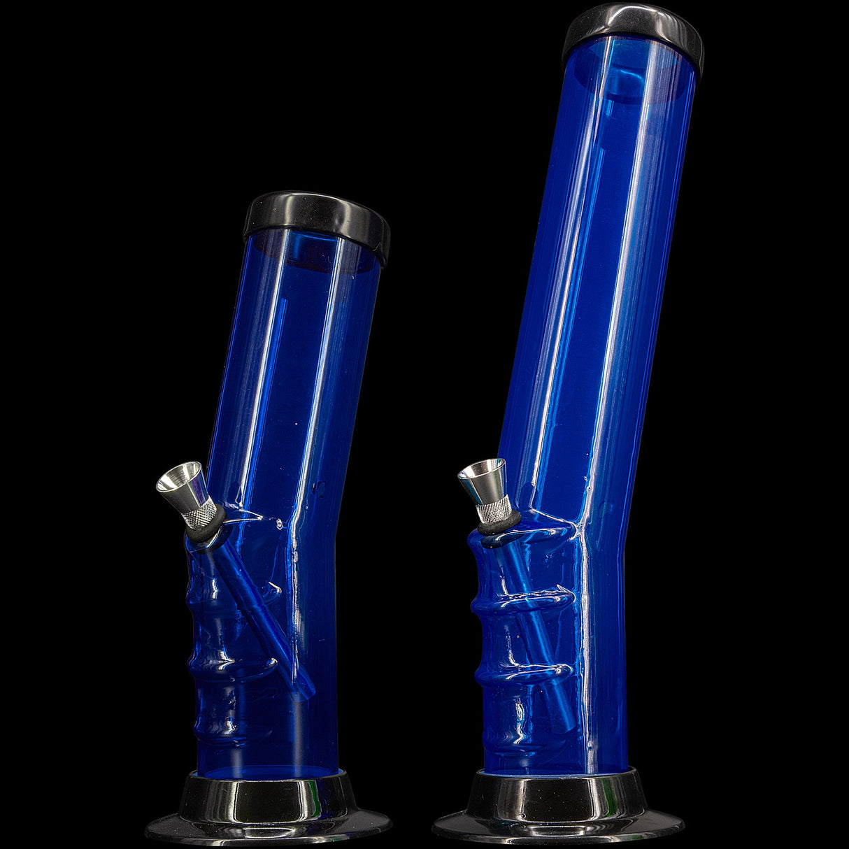 JM Plastics Acrylic Bent Neck Bongs in Blue, 9-12" Tall, Angled Side View