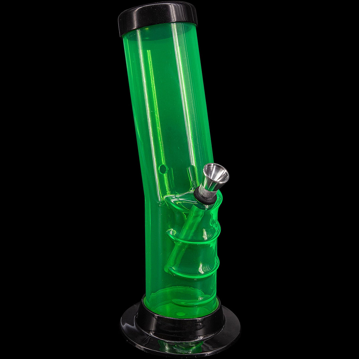 JM Plastics Acrylic Bent Neck Bong in Vibrant Green, 9-12" Tall, Side View on Black Background