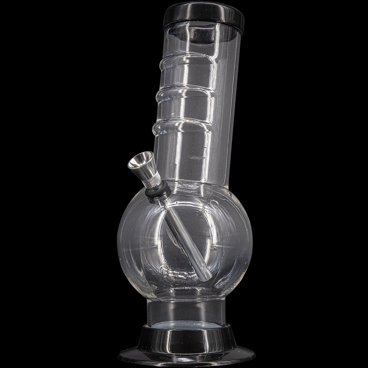 JM Plastics Acrylic Bent Neck Bubble Base Bong, 9-12" Tall, Clear Variant, Front View