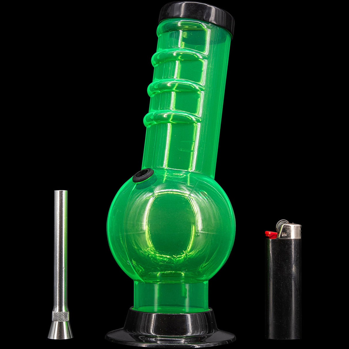 JM Plastics Acrylic Bent Neck Bubble Base Bong in Vibrant Green - 9-12" Tall with Accessories