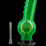 JM Plastics Acrylic Bent Neck Bubble Base Bong in Vibrant Green - Side View with Detached Bowl