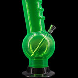 Vibrant green JM Plastics Acrylic Bent Neck Bubble Base Bong, 9-12" tall, side view on black background