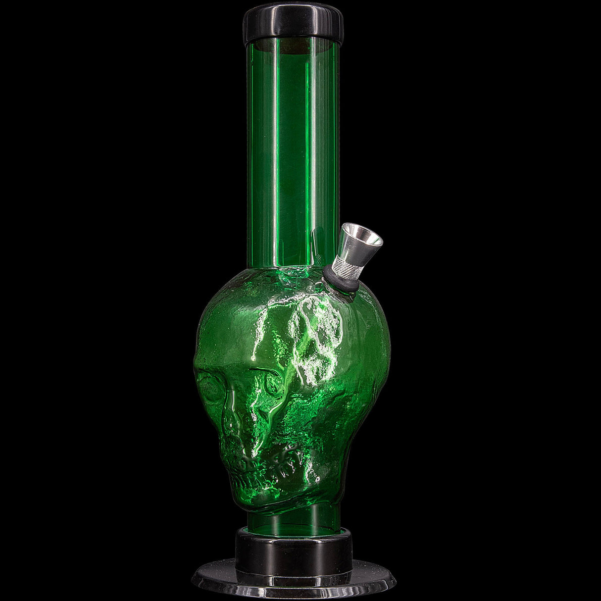 JM Plastics Acrylic Skull Bong in Green, 9-12" Tall Water Pipe, Front View on Black Background