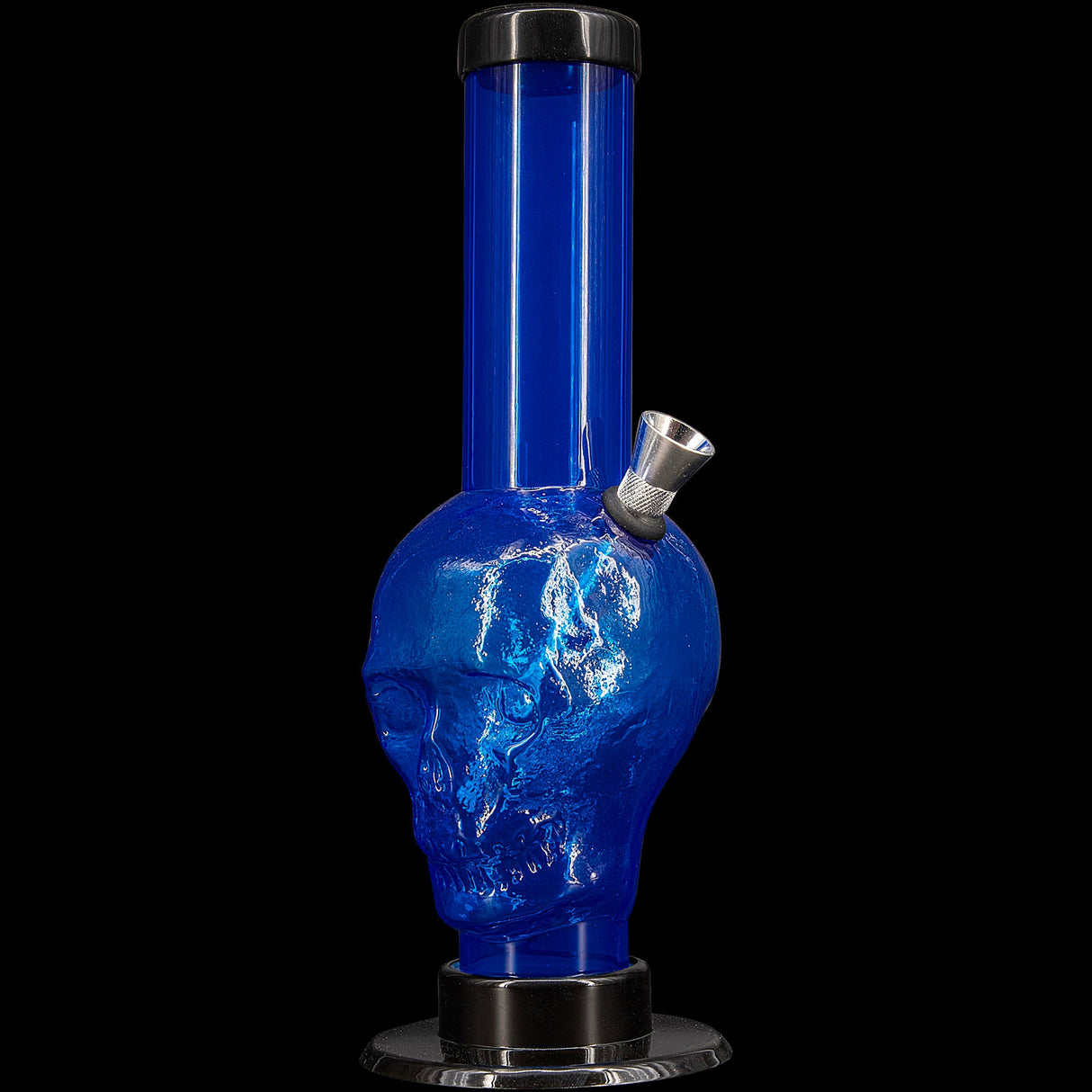 JM Plastics Acrylic Skull Bong in Blue - 9-12" Tall with Metal Bowl - Front View