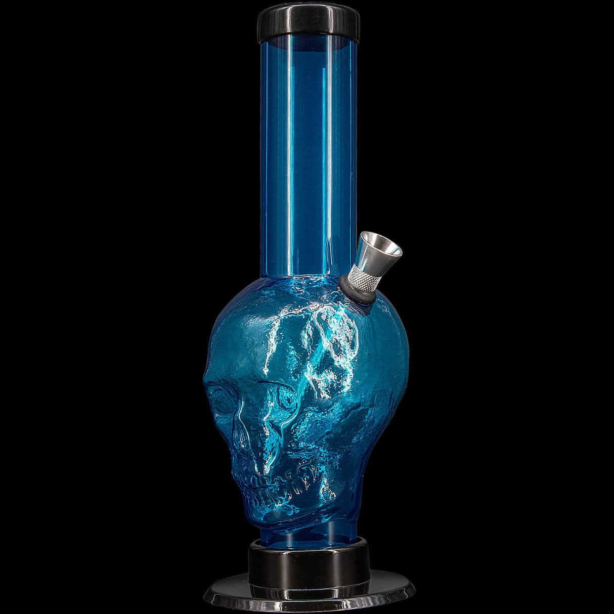 JM Plastics Acrylic Skull Bong in Blue - Front View - Durable 9-12" Water Pipe