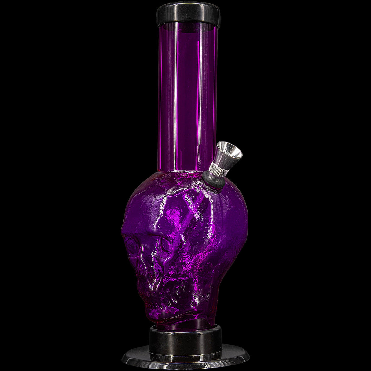 JM Plastics Acrylic Skull Bong in Purple - Front View with Metallic Finish, 9-12" Tall