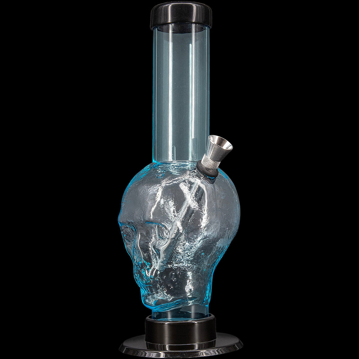 JM Plastics Acrylic Skull Bong in Blue - Front View with Clear Tube and Metal Bowl