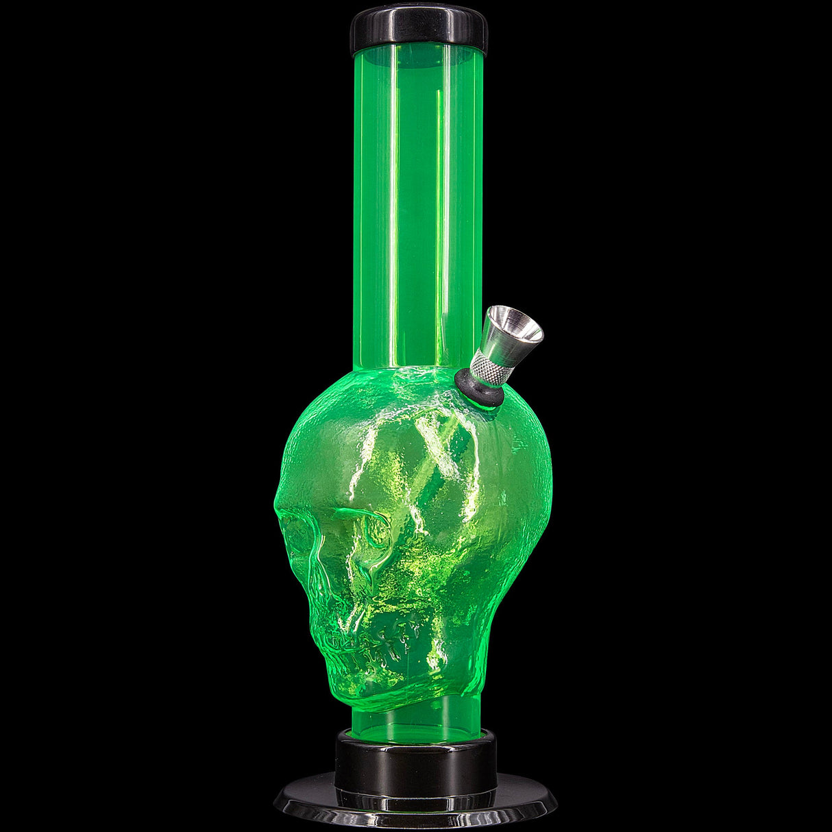 JM Plastics Acrylic Skull Bong in Green, 9-12" Tall, Front View on Seamless Black Background