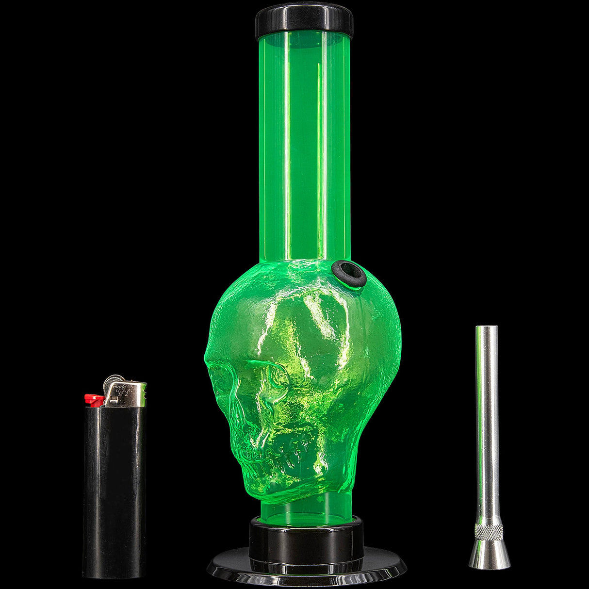 JM Plastics Acrylic Skull Bong in Green, 9-12" Tall with Metal Bowl - Front View