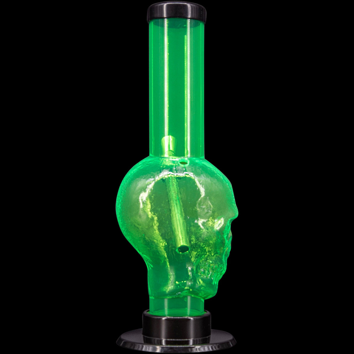 JM Plastics Acrylic Skull Bong in vibrant green, 9-12" tall, front view on a black background