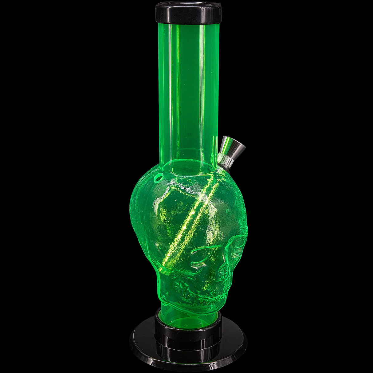 JM Plastics 9-12" Acrylic Skull Bong in green, front view on a seamless black background