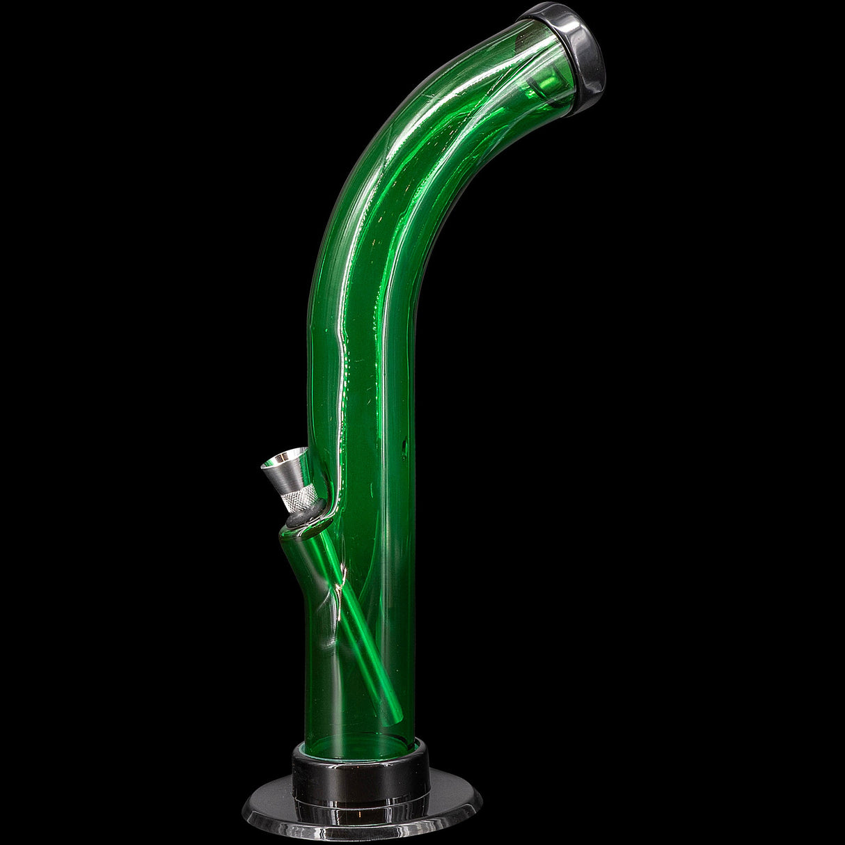 JM Plastics 10'' Acrylic Curved Tube Bong in Green, Side View on Black Background