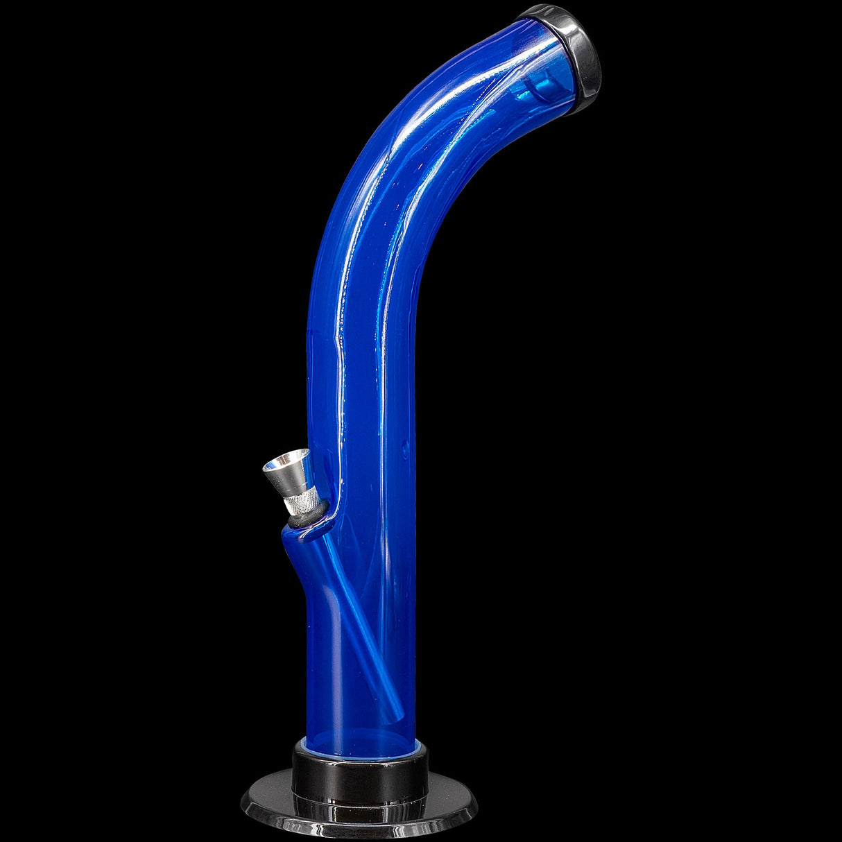 JM Plastics 10'' Acrylic Curved Tube Bong in Blue - Side View on Black Background