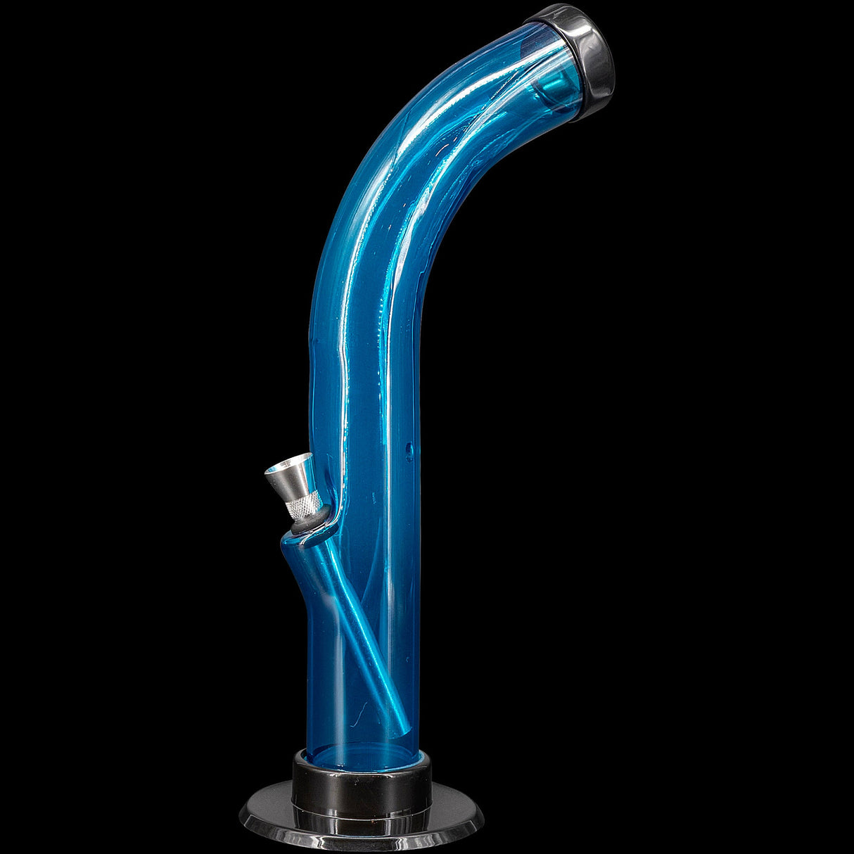 JM Plastics 10'' Acrylic Curved Tube Bong in Blue, Side View on Black Background