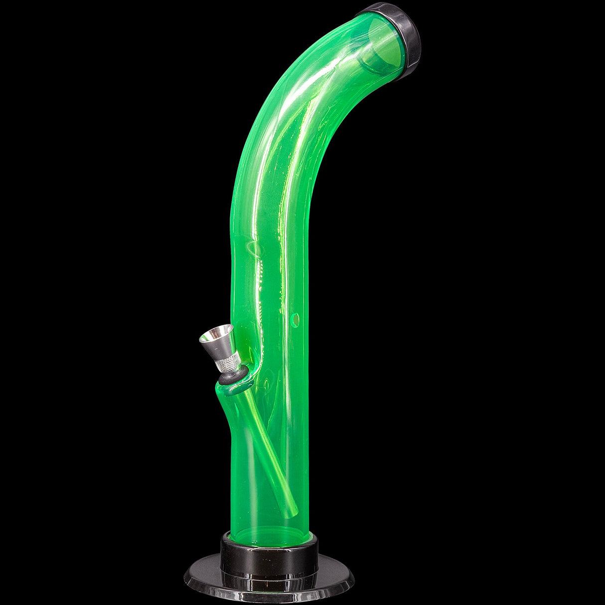 JM Plastics 10'' Acrylic Curved Tube Bong in Vibrant Green, Side View on Black Background