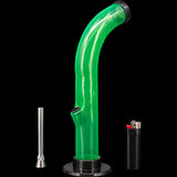 JM Plastics 10'' Green Acrylic Curved Tube Bong with Metal Bowl and Lighter, Side View