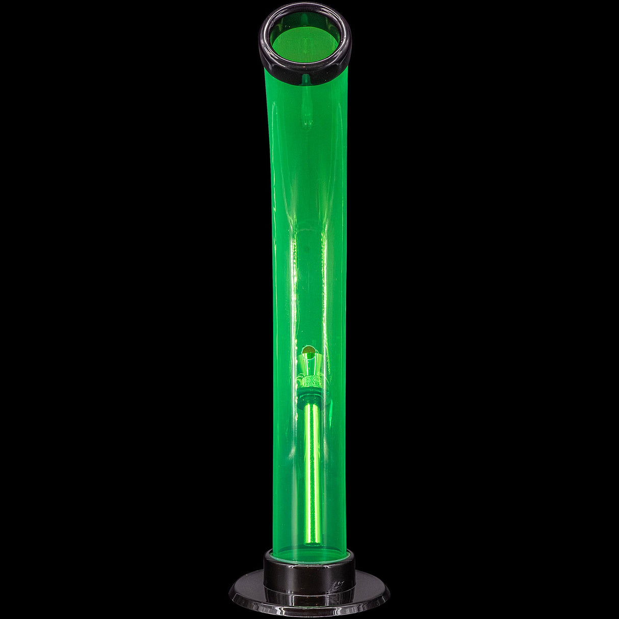 JM Plastics 10'' Acrylic Curved Tube Bong in Green, Front View on Seamless Black Background