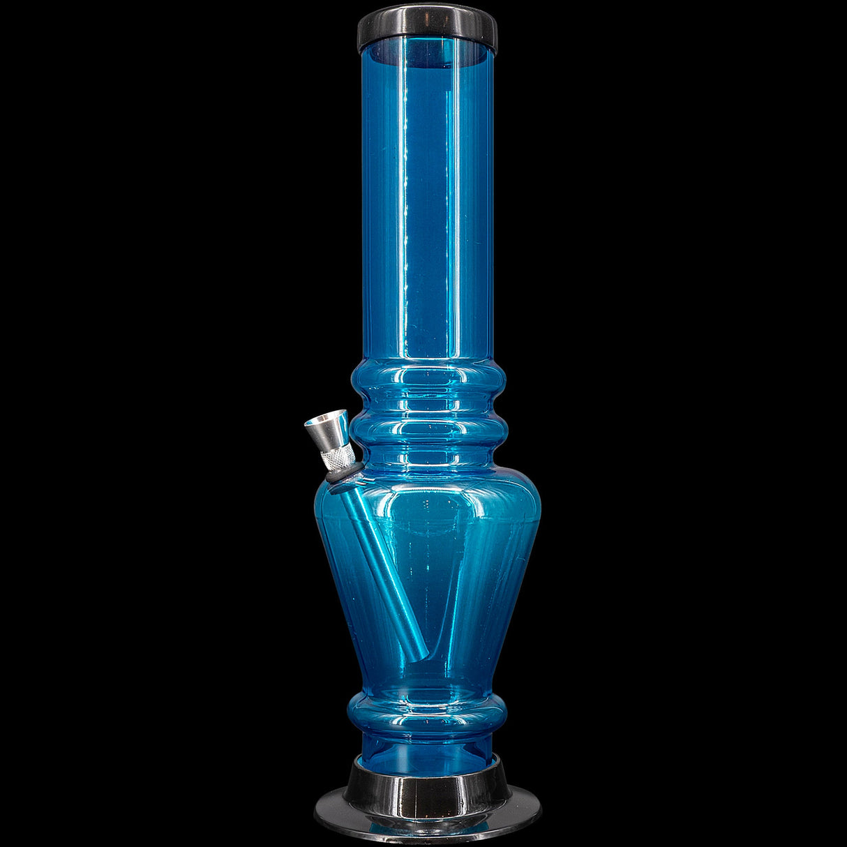 JM Plastics 12" Acrylic Vase Base Bong in Blue - Front View on Seamless Black Background