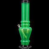 JM Plastics 12" Acrylic Vase Base Bong in vibrant green, front view, durable with a sturdy base