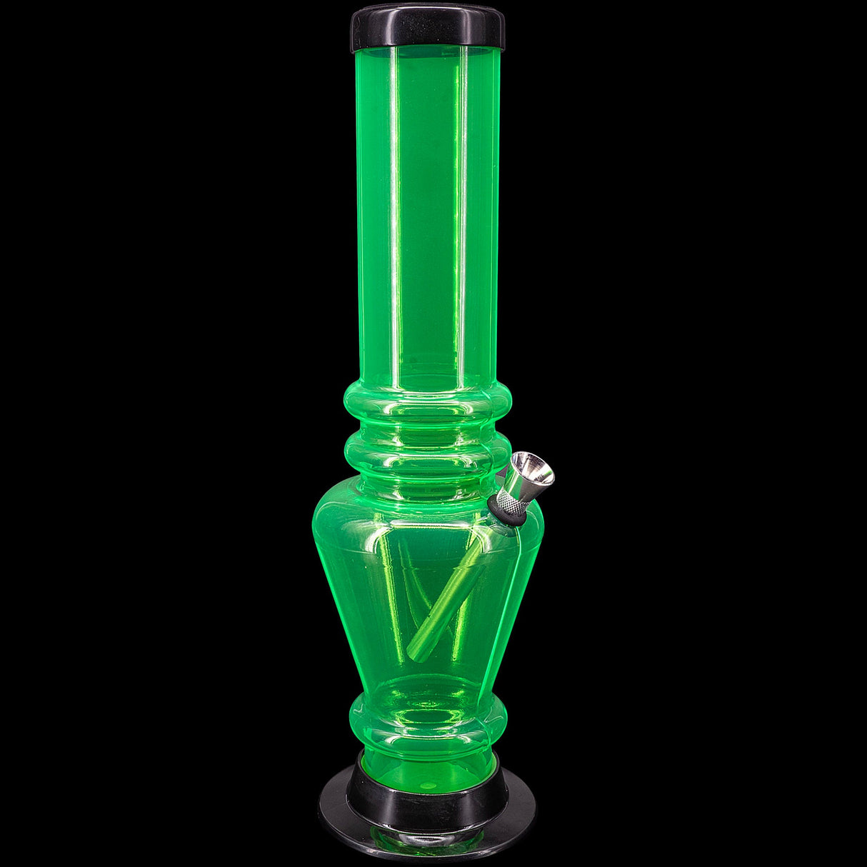 JM Plastics 12" Acrylic Vase Base Bong in Vibrant Green, Front View on Seamless Black Background