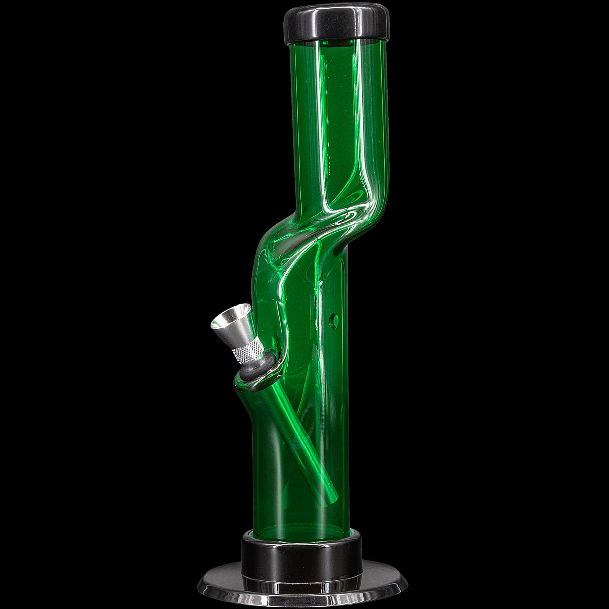 JM Plastics Acrylic Kink Neck Bong in Vibrant Green, 9-12" Tall, Side View on Black Background