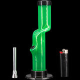 JM Plastics 9-12" Acrylic Kink Neck Bong in Green with Bowl and Lighter, Front View