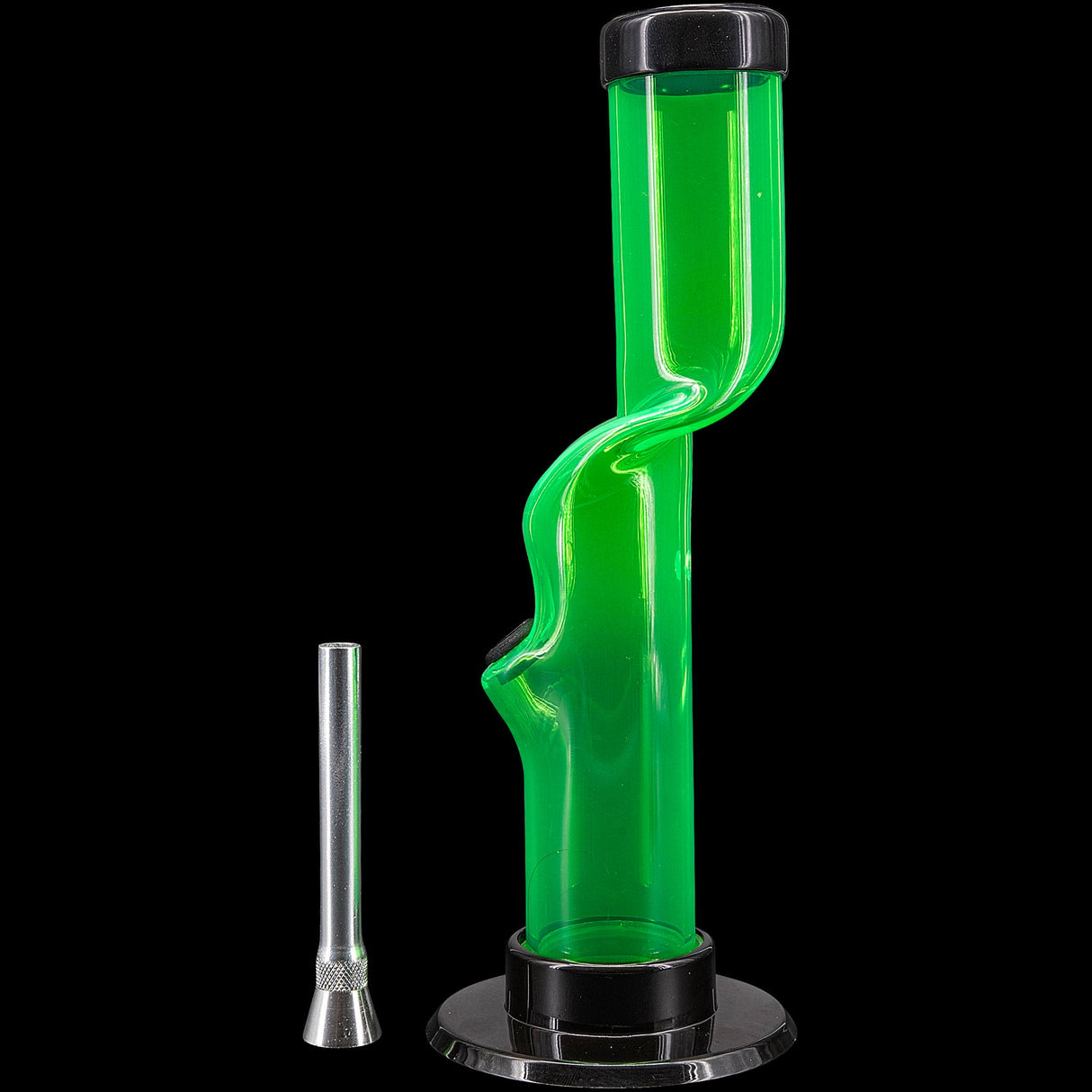 JM Plastics Acrylic Kink Neck Bong in Green, 9-12" Tall, Side View with Detachable Bowl