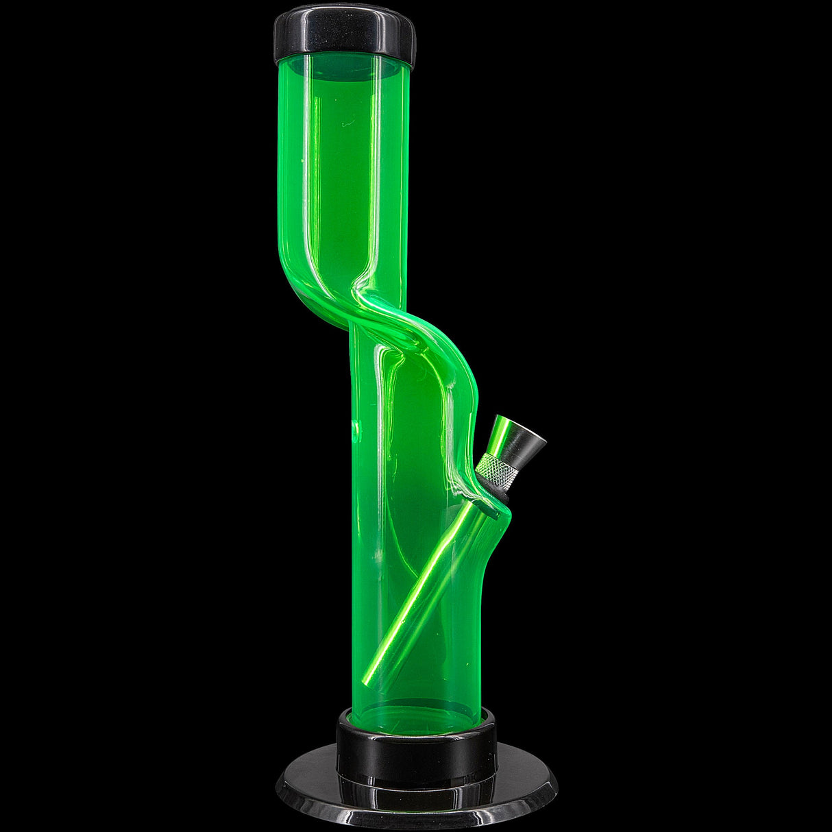 JM Plastics 9-12" Acrylic Kink Neck Bong in Vibrant Green, Angled Side View on Black Background