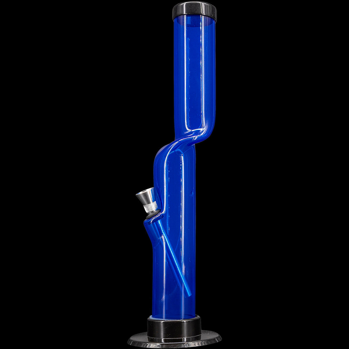 JM Plastics Acrylic Kink Neck Bong in Blue, 9-12" Tall, Durable Water Pipe, Front View on Black