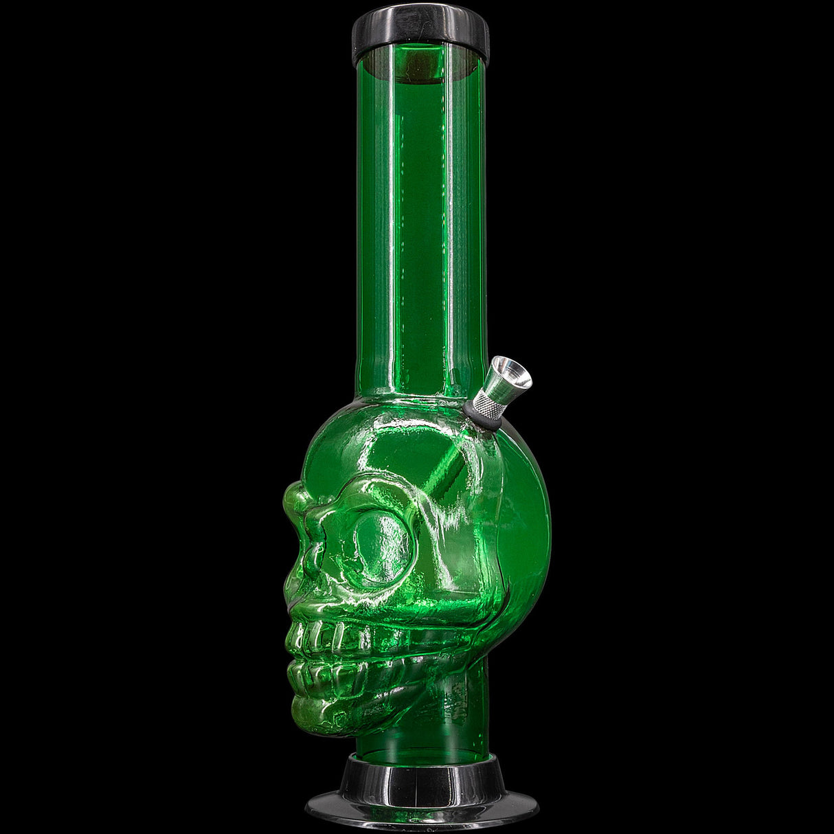 JM Plastics Acrylic Skull Chamber Bong in Green, 12-15" Tall, Front View on White Background